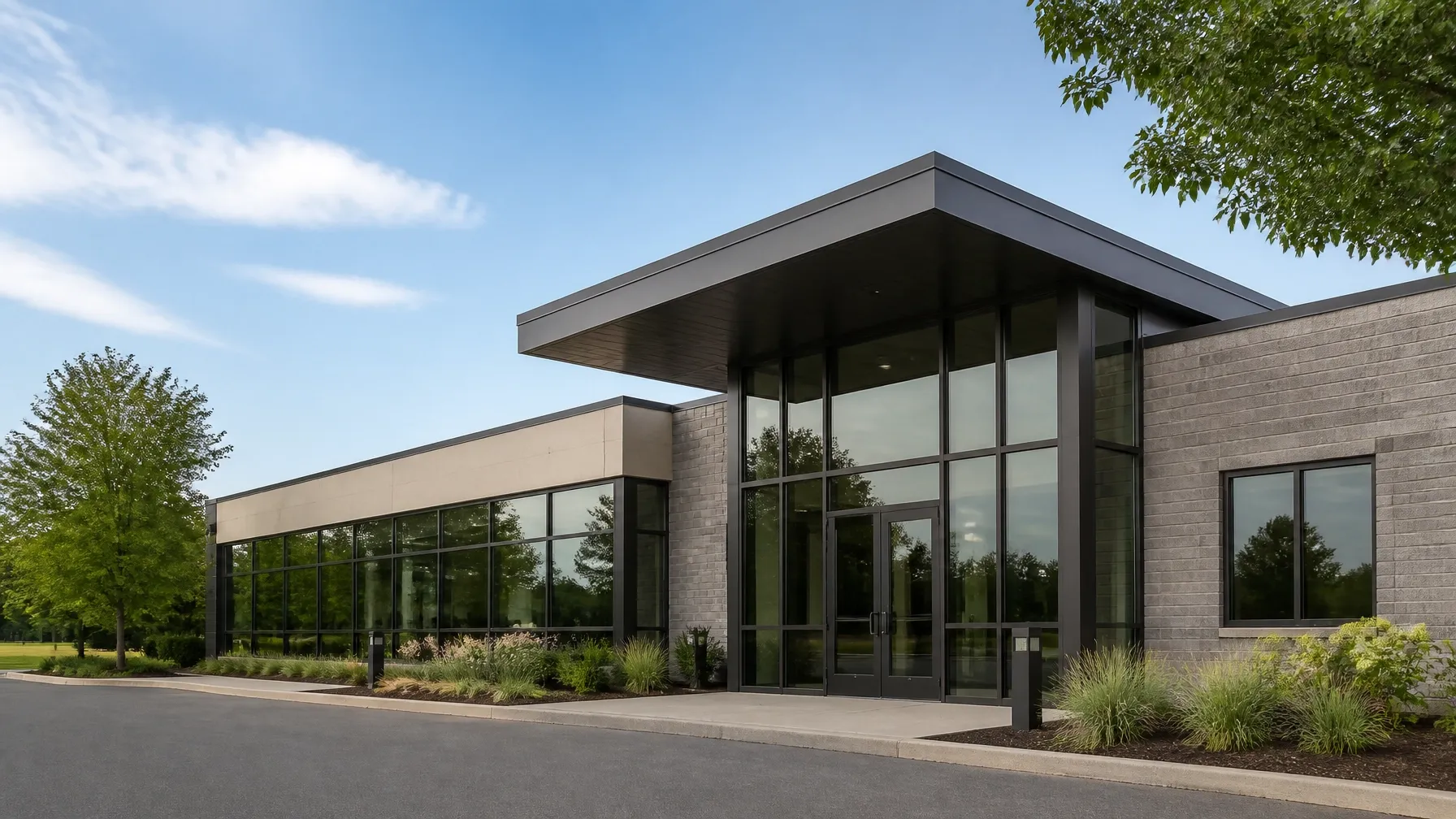 Commercial building with dark metal-framed storefront windows and glass double entrance doors
