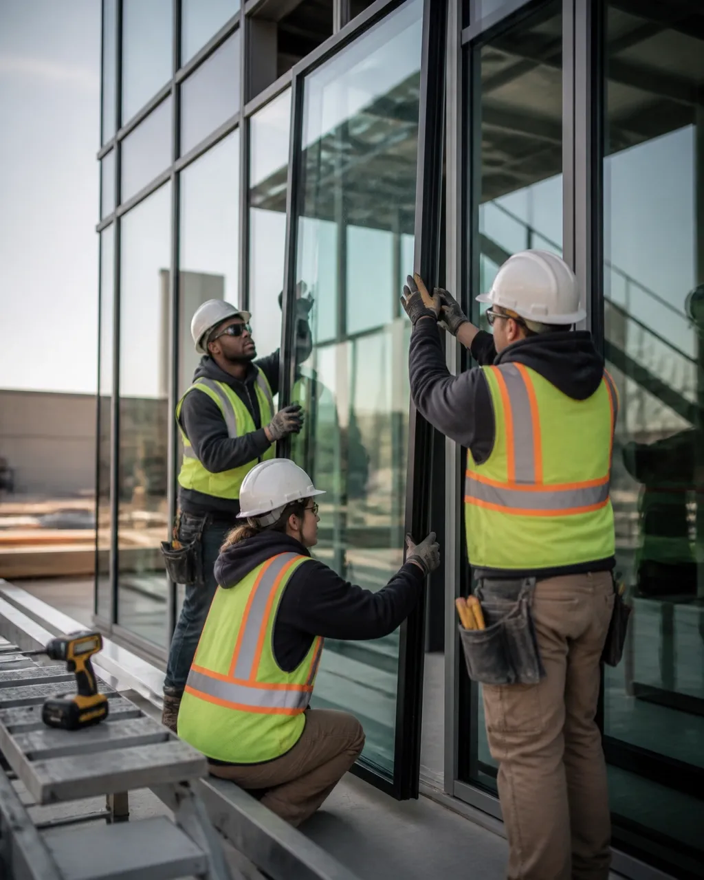 Glazing installers in safety vests positioning a framed glass panel in a commercial opening
