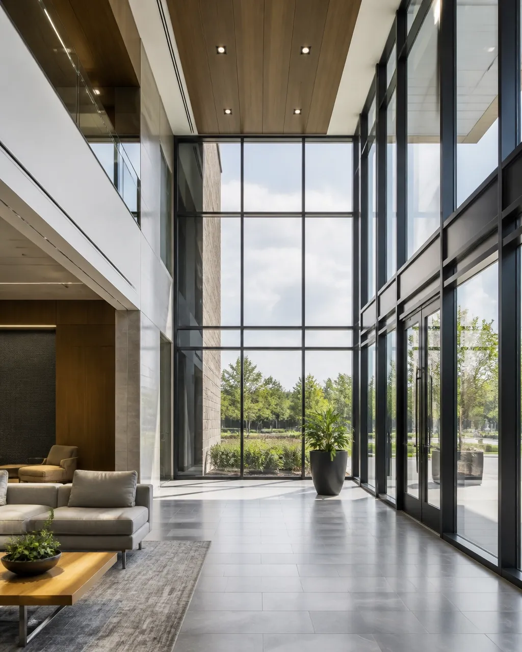 Bright commercial lobby with tall metal-framed glass walls and glass entrance doors