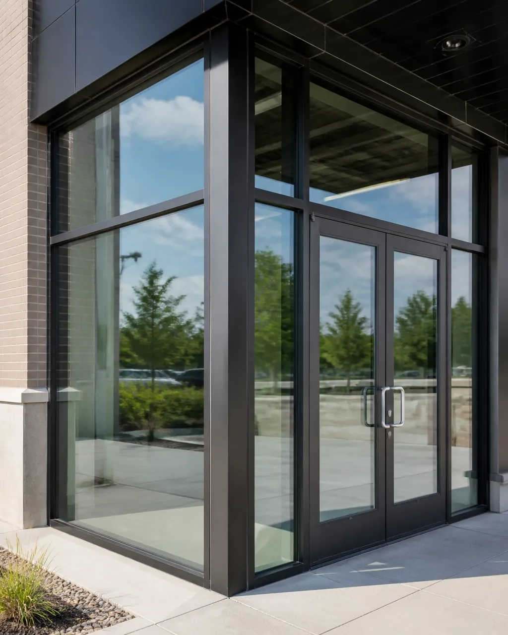 Dark metal-framed commercial entrance with glass sidelights and double doors