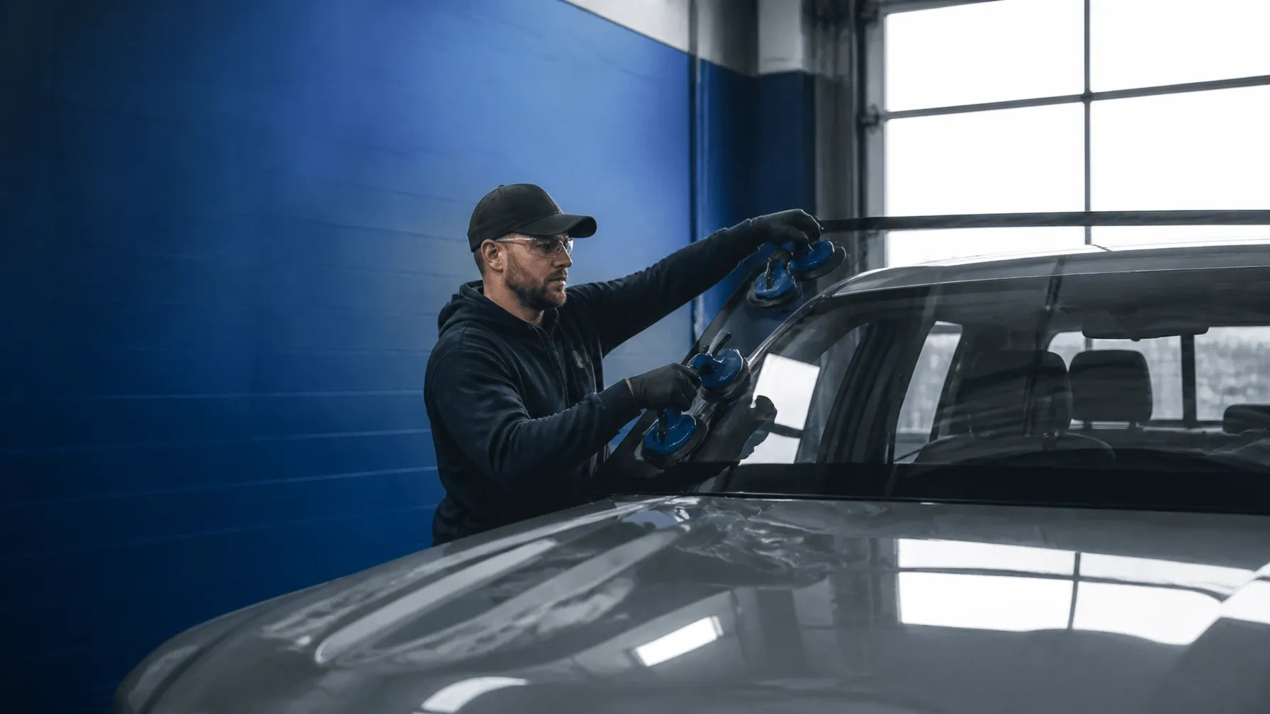 Technician installing a windshield for a Bloomington customer