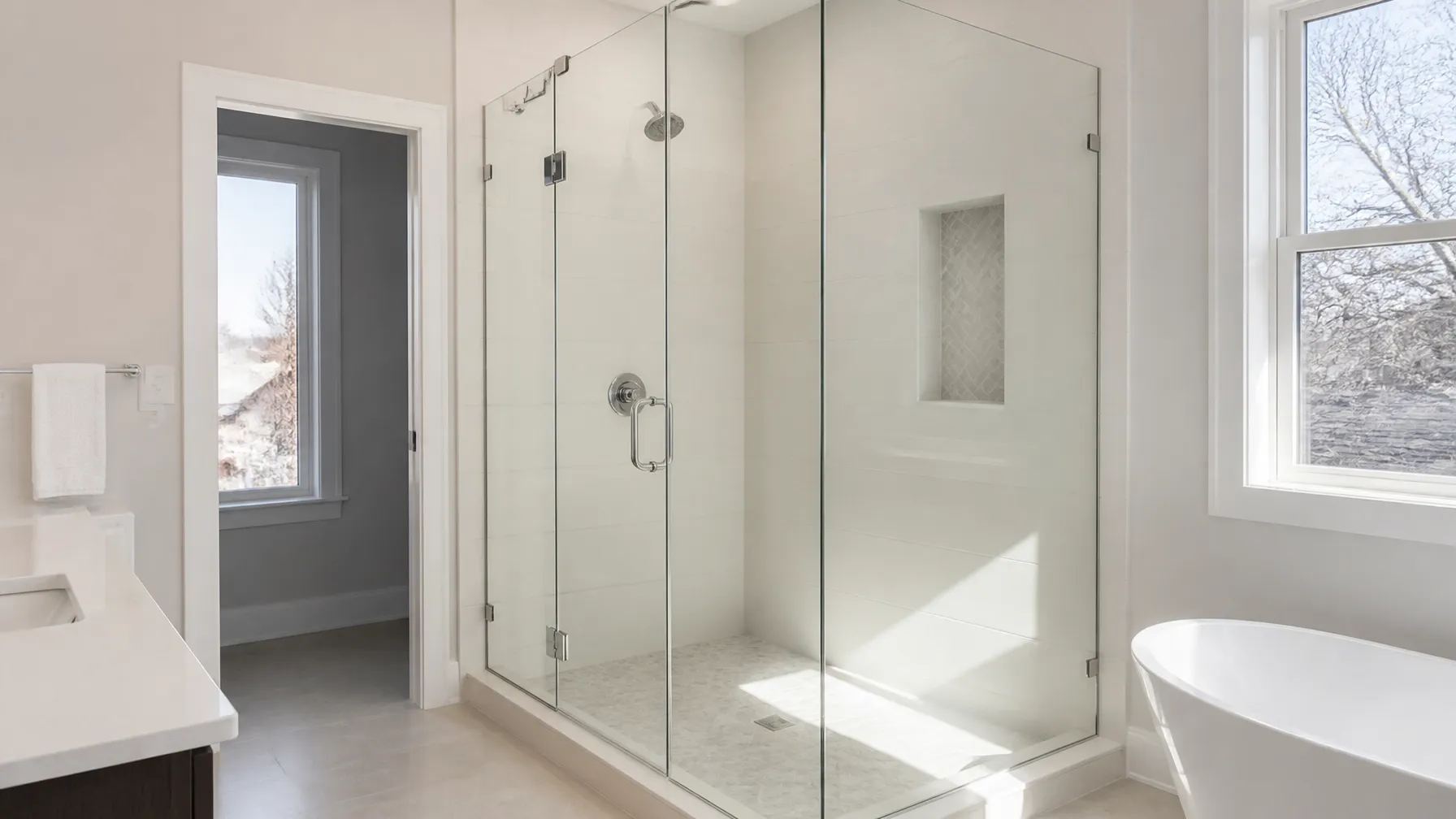 Custom glass shower enclosure in a Bloomington, Illinois bathroom