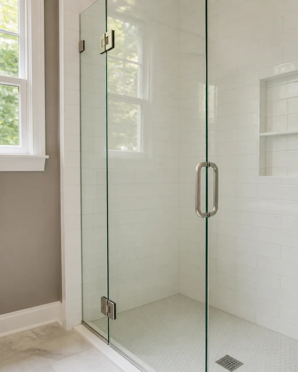 Glass shower door hardware and enclosure detail in Bloomington, Illinois