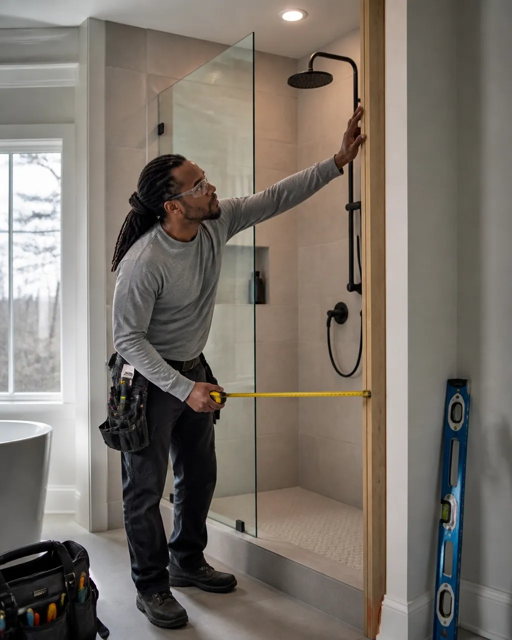 Glass shower door hardware and enclosure detail in Lincoln, Illinois