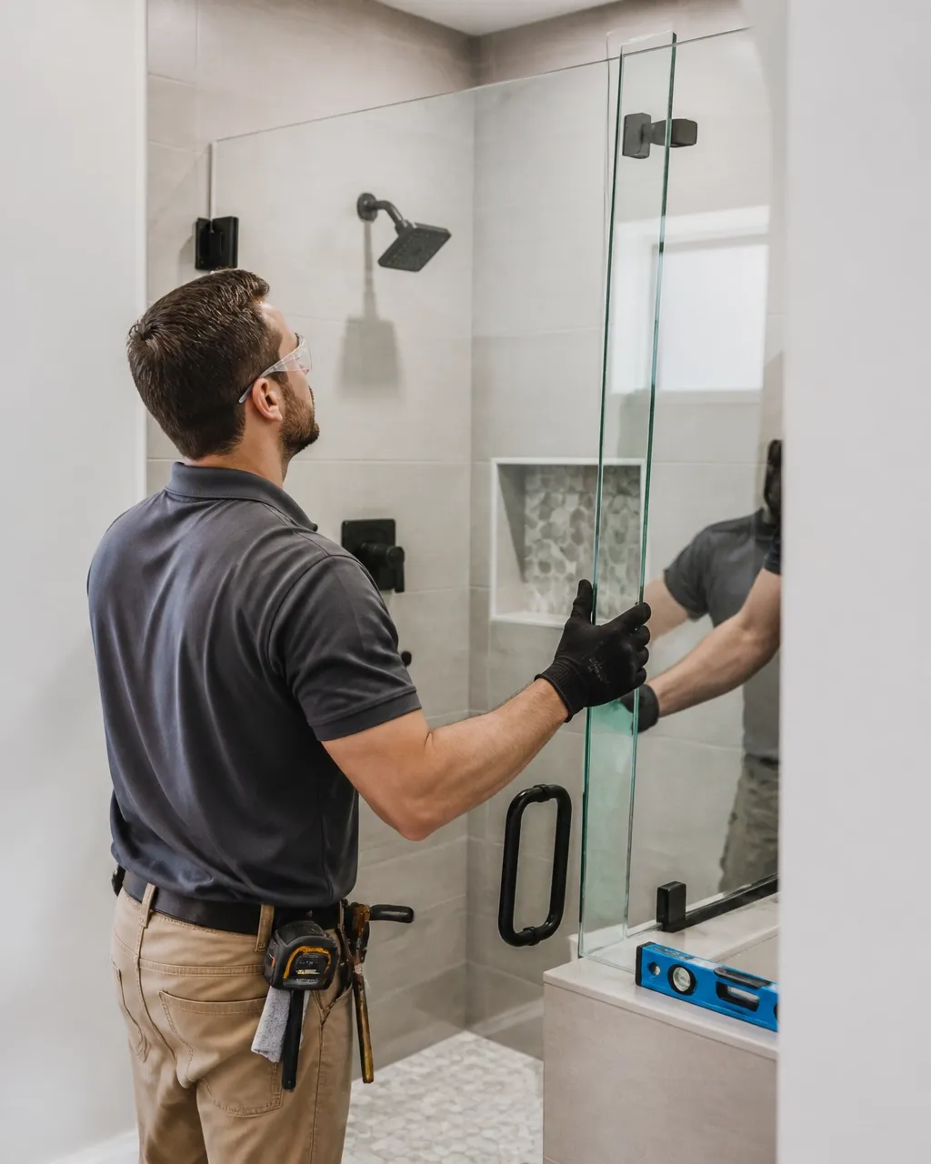 Glass shower door hardware and enclosure detail in Springfield, Illinois